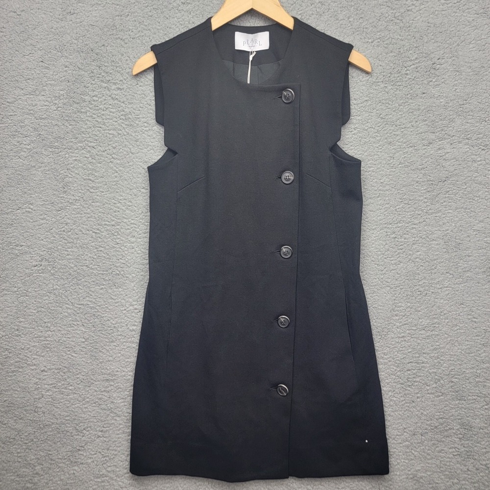 Pearl by Lela Rose Ponte Button Front Shift Dress 8 Black Sleeveless Pockets